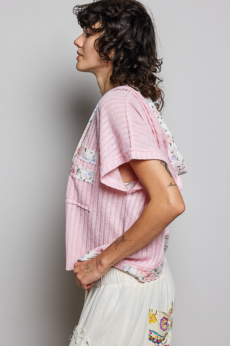 Soft Pink short-sleeve hooded top shown from side