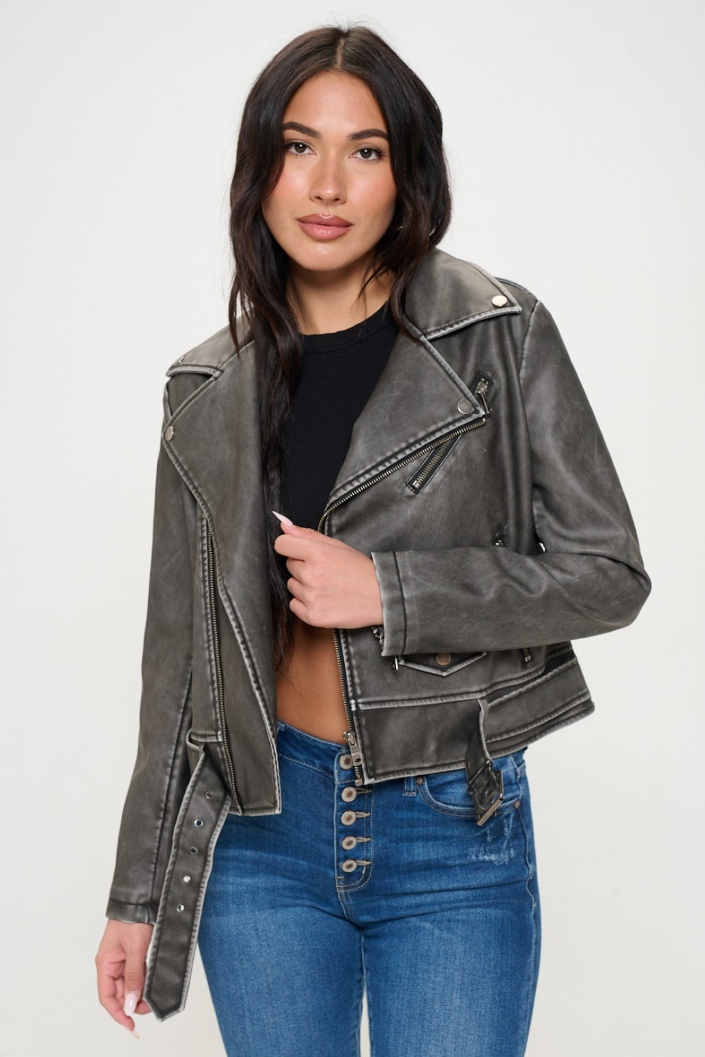 Coalition LA Zip Up Biker Jacket with Belt - Tigbul's Variety Fashion Shop