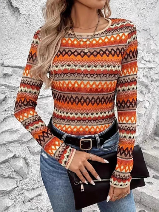 Bohemian Geometric Pattern Long Sleeve T-Shirt - Tigbul's Variety Fashion Shop