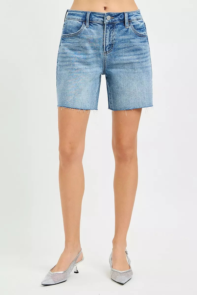 Medium blue denim shorts with button fly, front pockets, all-over rhinestones