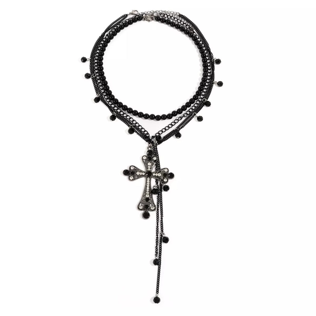 Black pearl cross pendant necklace set with beaded choker layers and cross pendant drop