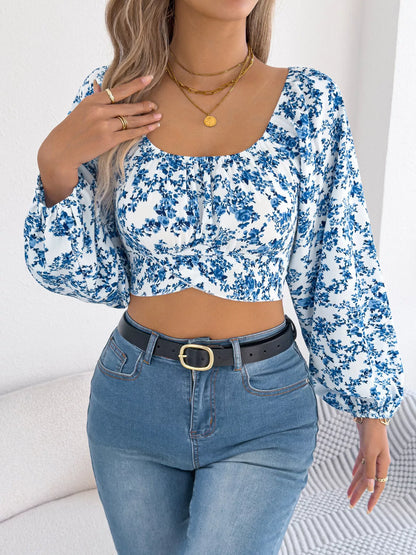 Floral Balloon Sleeve Square Neck Crop Blouse - Tigbul's Variety Fashion Shop