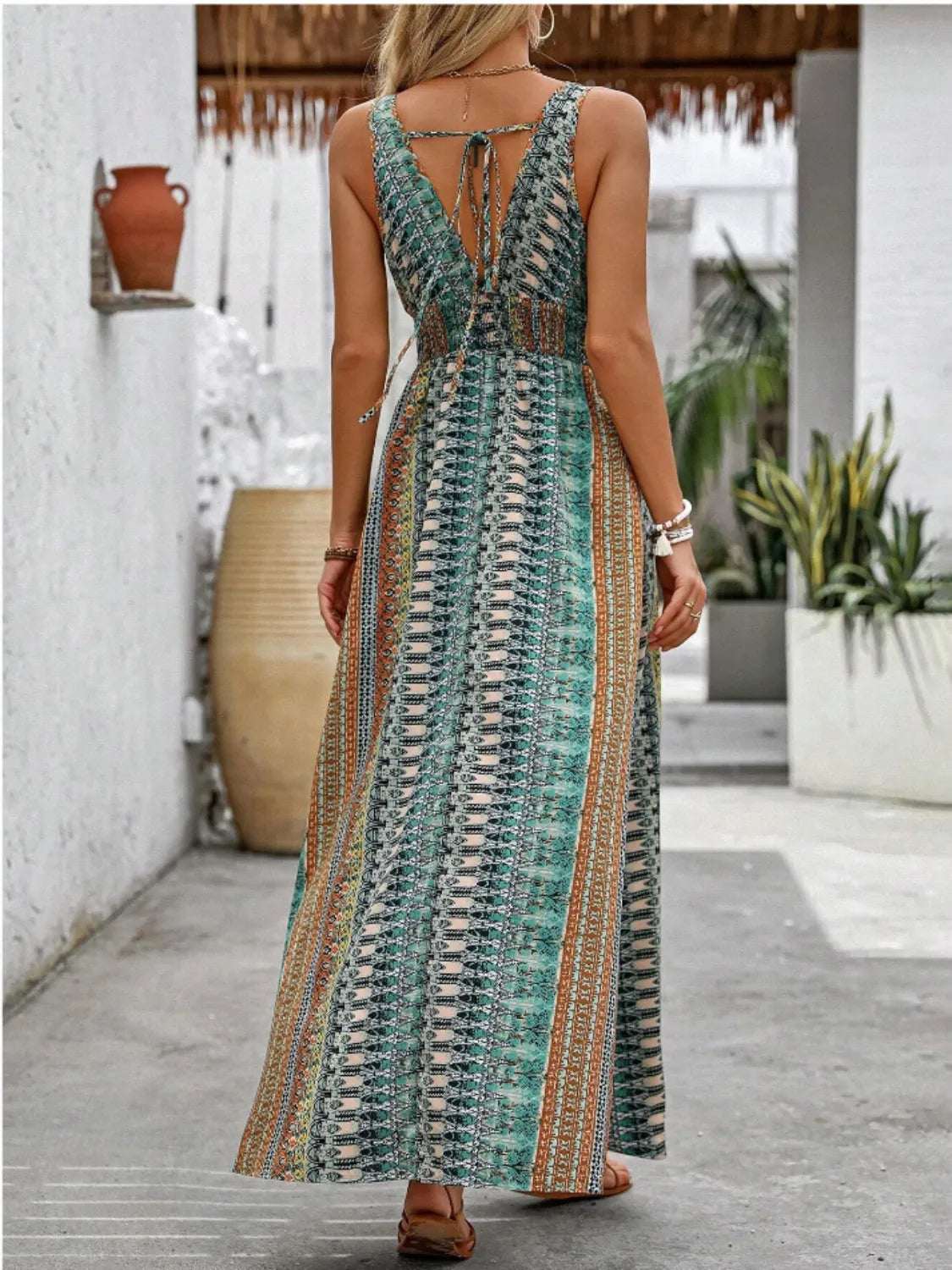 Tied Back Printed Sleeveless Maxi Slit Dress - Tigbul's Variety Fashion Shop