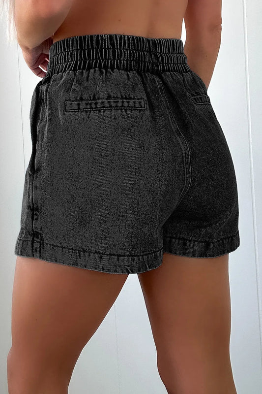 Black Drawstring High Waist Denim Shorts - Tigbul's Variety Fashion Shop