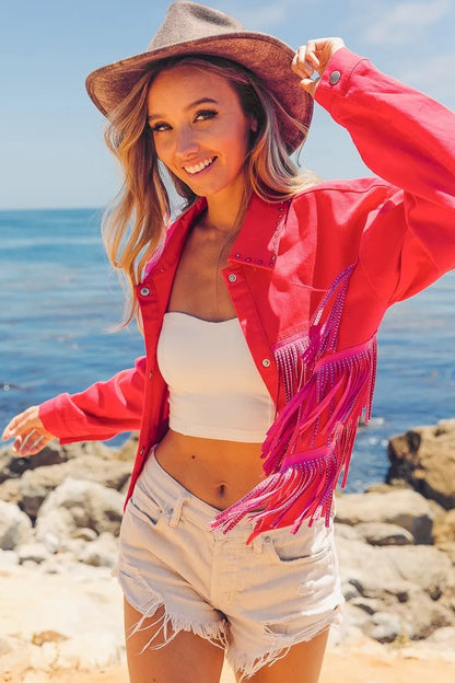 Rhinestone Fringe with Studded Collar Jacket - Tigbul's Variety Fashion Shop