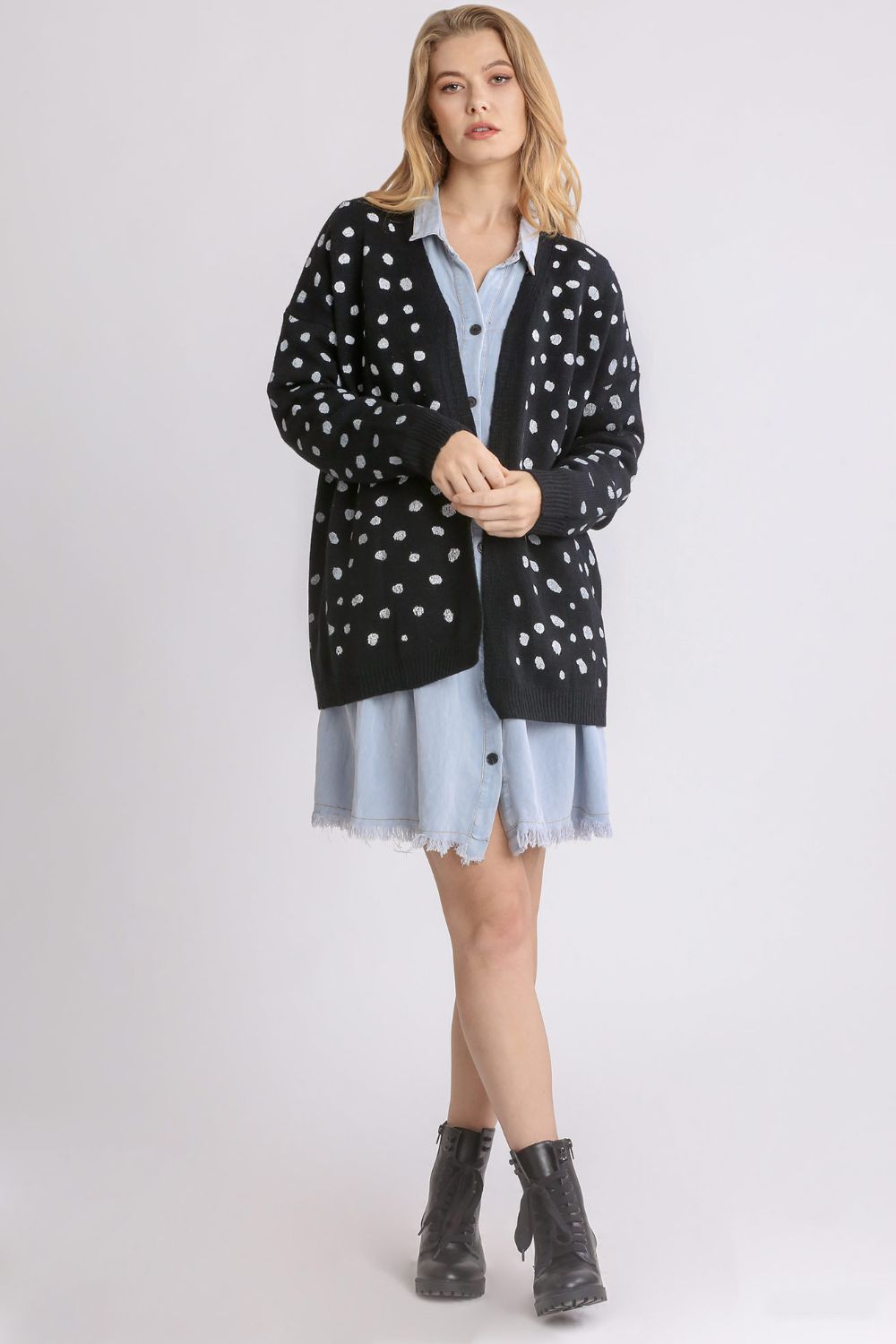 Polka Dot Open Front Drop Shoulder Cardigan - Tigbul's Variety Fashion Shop