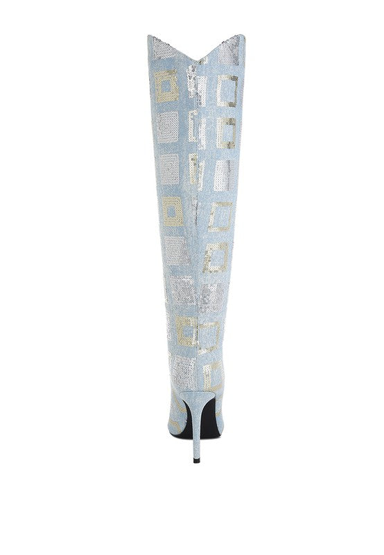 Sharmin Checkered Sequin Knee High Boots - Tigbul's Variety Fashion Shop