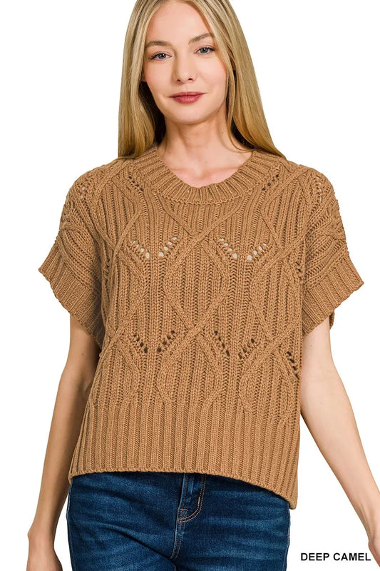 Zenana Cable Knit Short Sleeve Sweater - Tigbul's Variety Fashion Shop