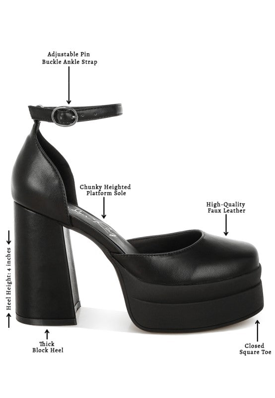 Black Araminta heels features: adjustable pin buckle ankle strap and closed square toe