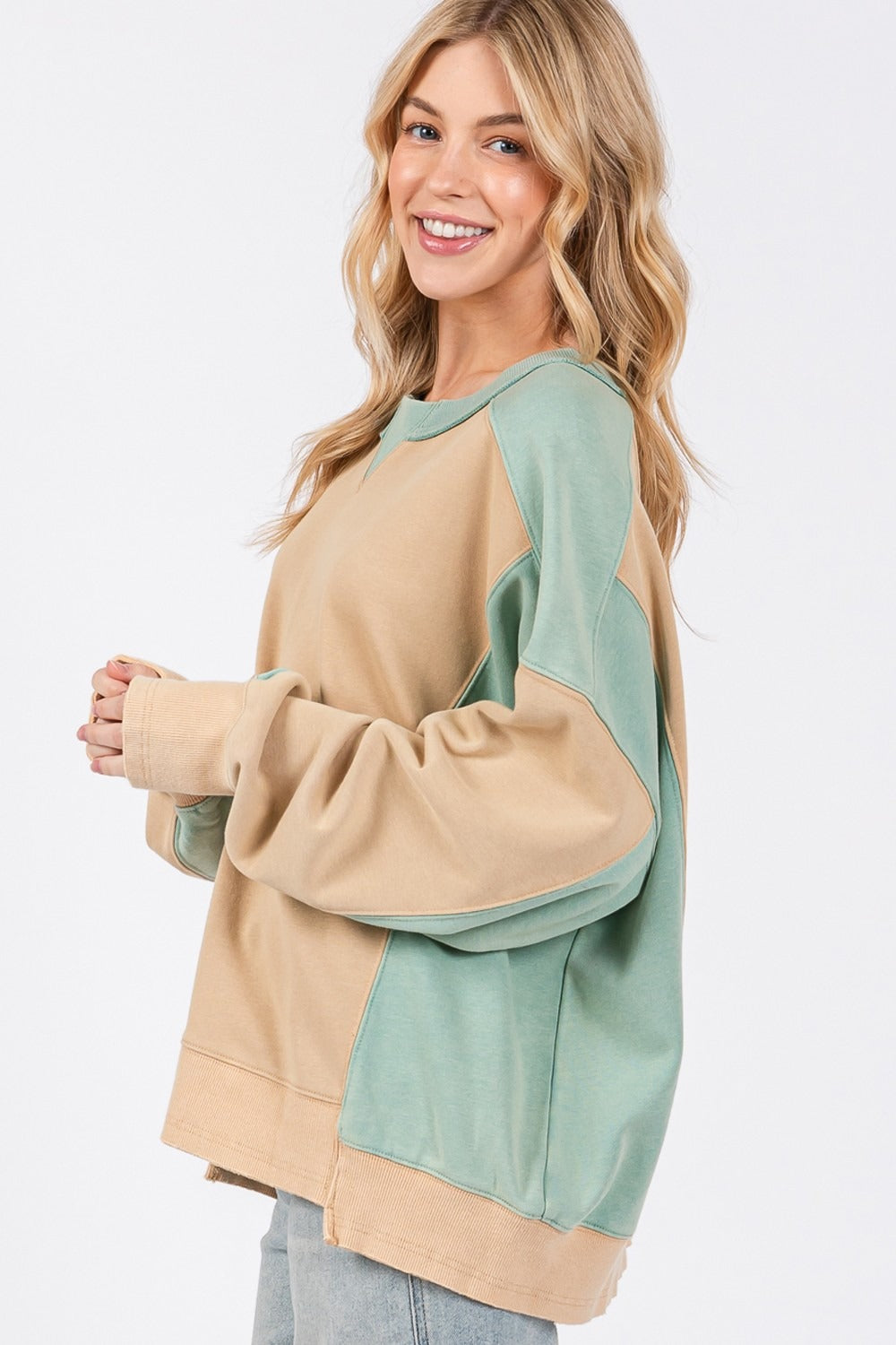 SAGE + FIG Color Block Round Neck Sweatshirt - Tigbul's Variety Fashion Shop