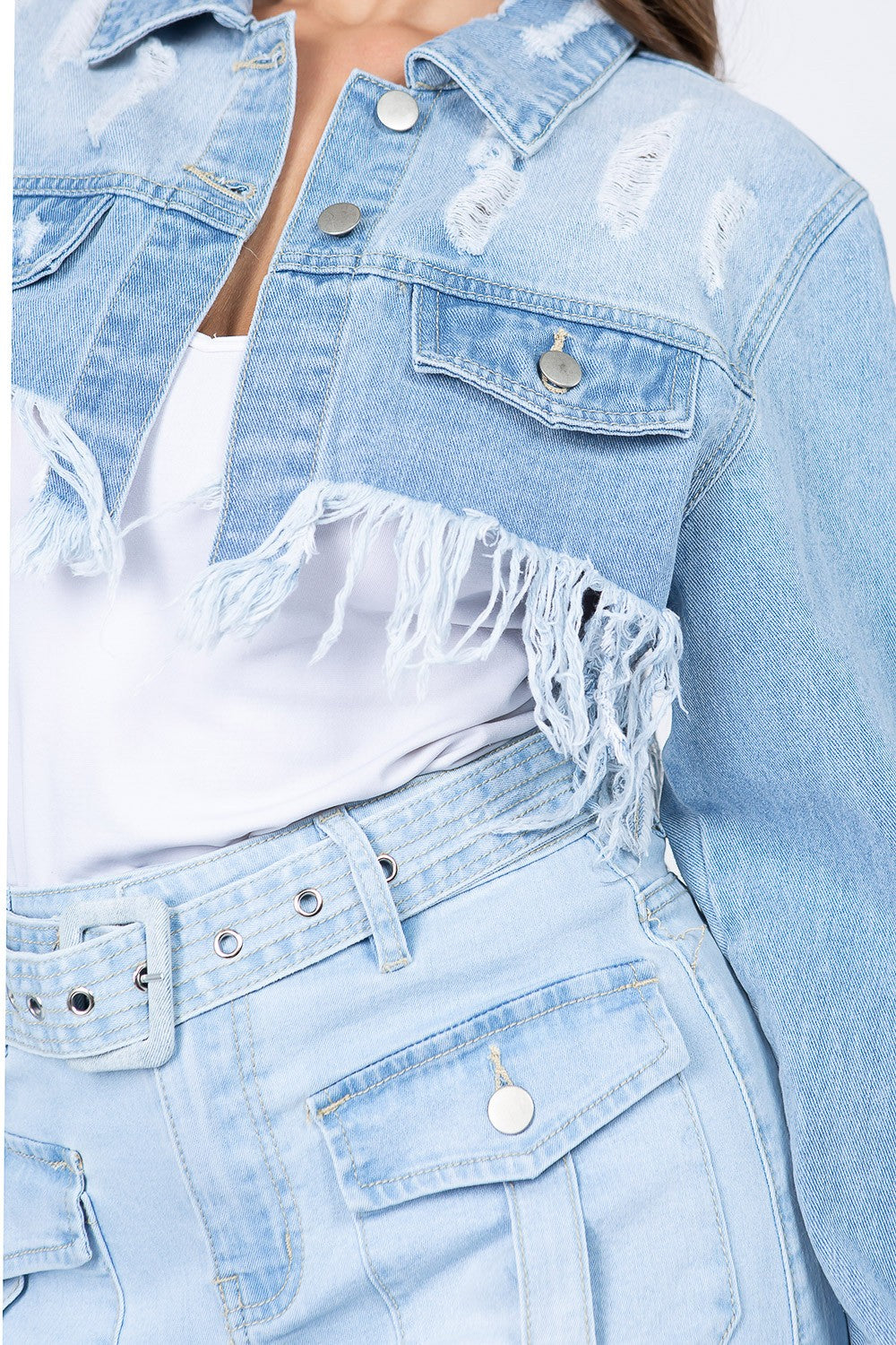 Light Blue Distressed Cropped Denim Jacket with Frayed Hem - Tigbul's Variety Fashion Shop