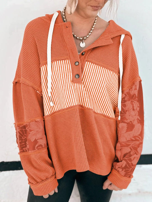 Waffle Knit Color Block Striped Drawstring Hoodie - Tigbul's Variety Fashion Shop