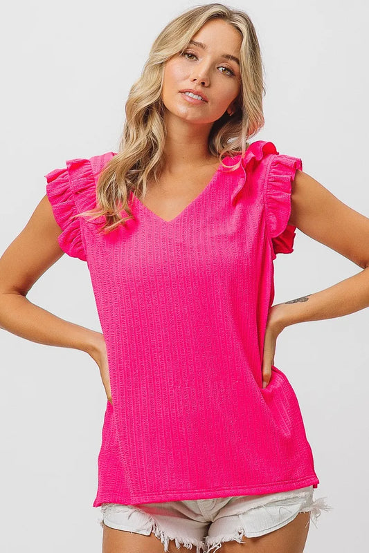 BiBi Layered Ruffles Armhole V-neck Rib Textured Top - Tigbul's Variety Fashion Shop