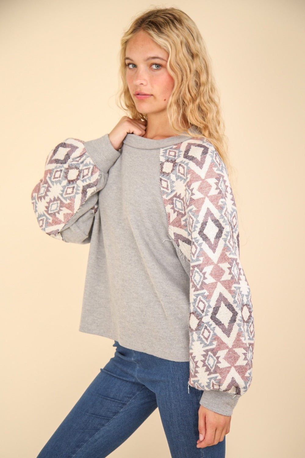 VERY J Printed Long Sleeve Round Neck Knit Top - Tigbul's Variety Fashion Shop