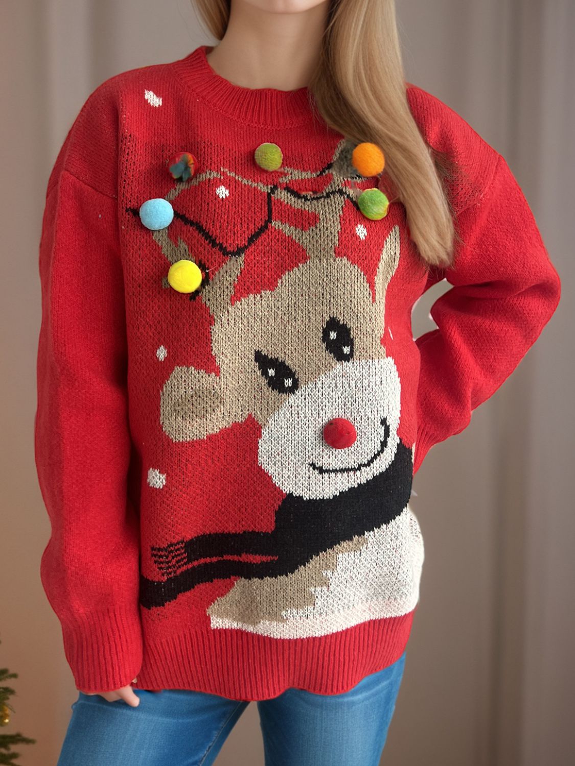 Reindeer Round Neck Long Sleeve Sweater - Tigbul's Variety Fashion Shop