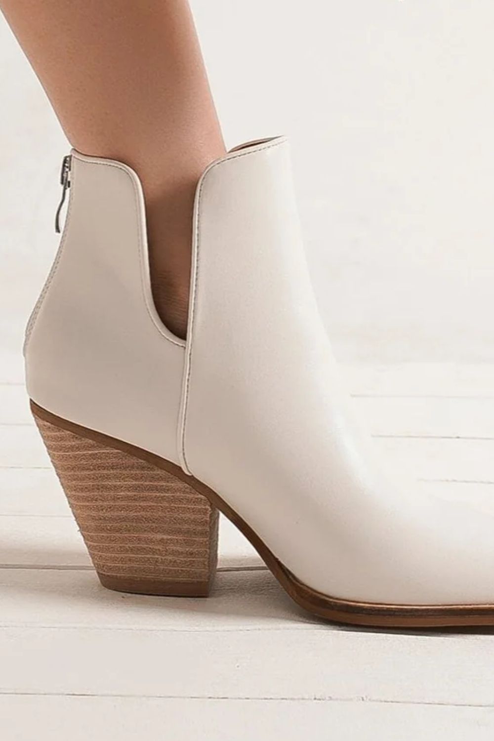 White Pointed Metal-Tip Toe Block Heel Ankle Boots - Tigbul's Variety Fashion Shop