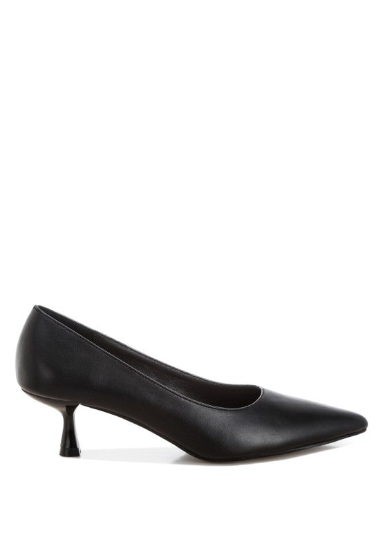 Black pointed-toe pump with kitten heel, sleek faux-leather finish