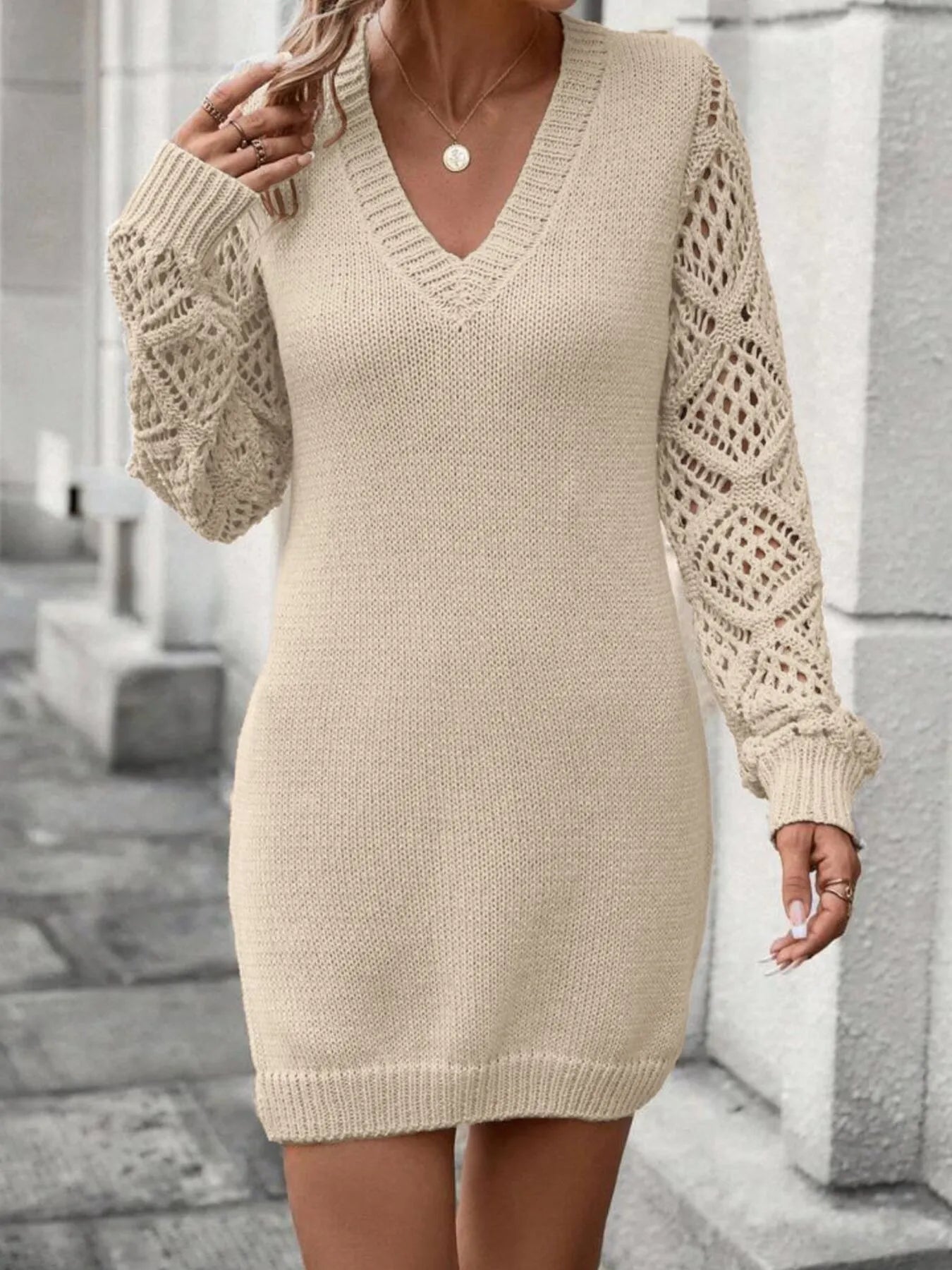 V-Neck Hollow Out Sleeve Sweater Dress - Tigbul's Variety Fashion Shop