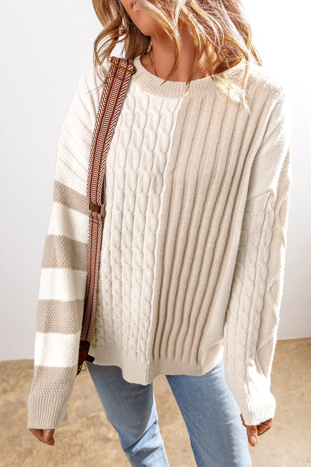 Cable-Knit Color Block Round Neck Sweater - Tigbul's Variety Fashion Shop