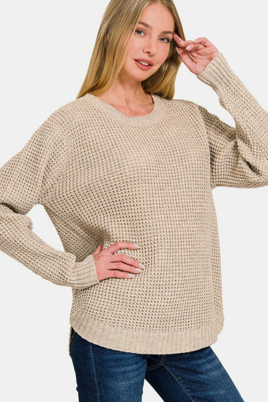 Zenana High Low Long Sleeve Waffle Sweater - Tigbul's Variety Fashion Shop