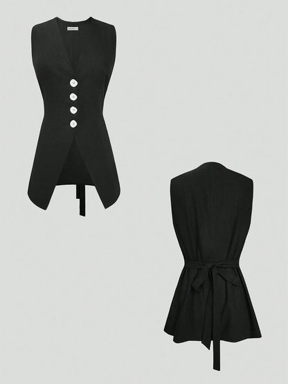 V-Neck Button Detail Vest and Skirt Two-Piece Set - Tigbul's Variety Fashion Shop