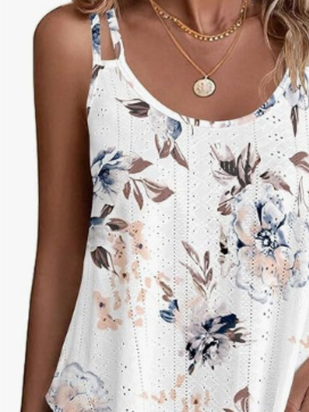 White floral eyelet cami with thin double straps and rounded neckline