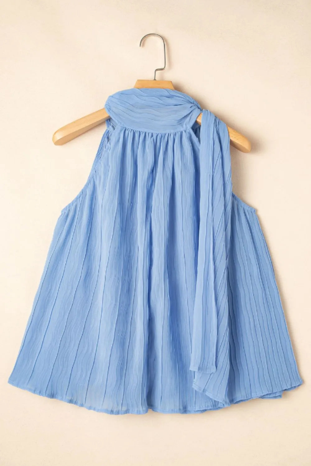 Textured Pleated Tied Mock Neck Flowy Blue Tank Top - Tigbul's Variety Fashion Shop