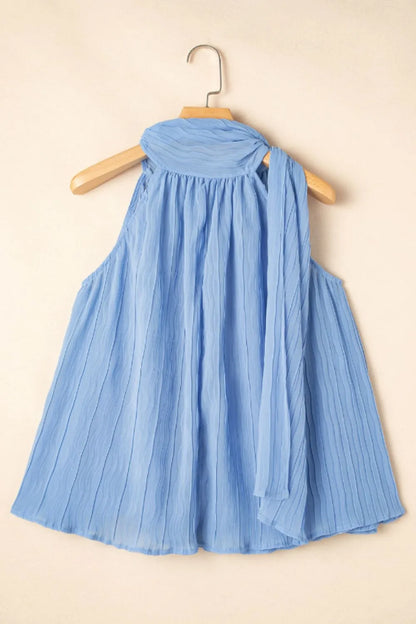Textured Pleated Tied Mock Neck Flowy Blue Tank Top - Tigbul's Variety Fashion Shop