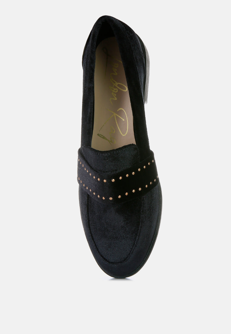 Black velvet loafer with studded strap detail and stitched toe line