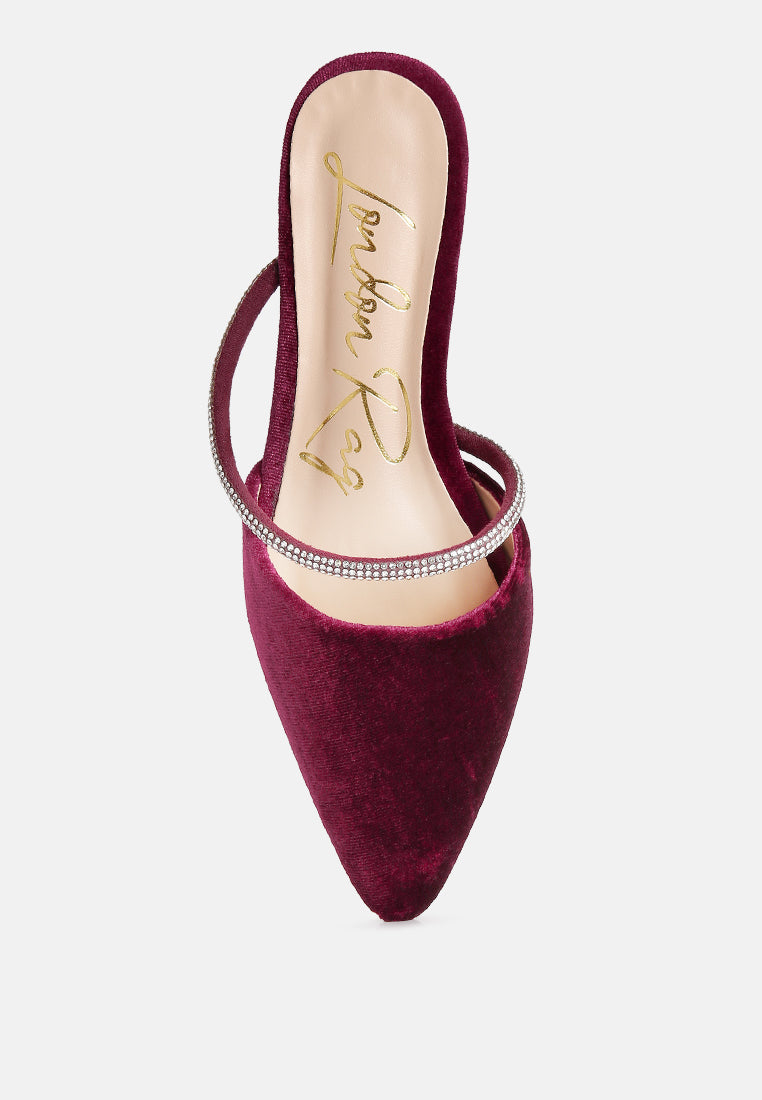 Burgundy velvet mule showing pointed toe and diamante-trimmed slingback strap
