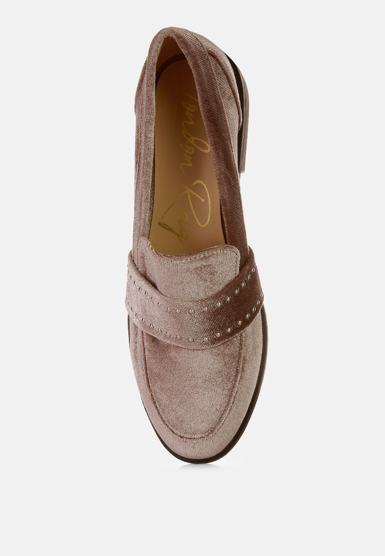 Taupe velvet loafer, top view with studded strap along the front