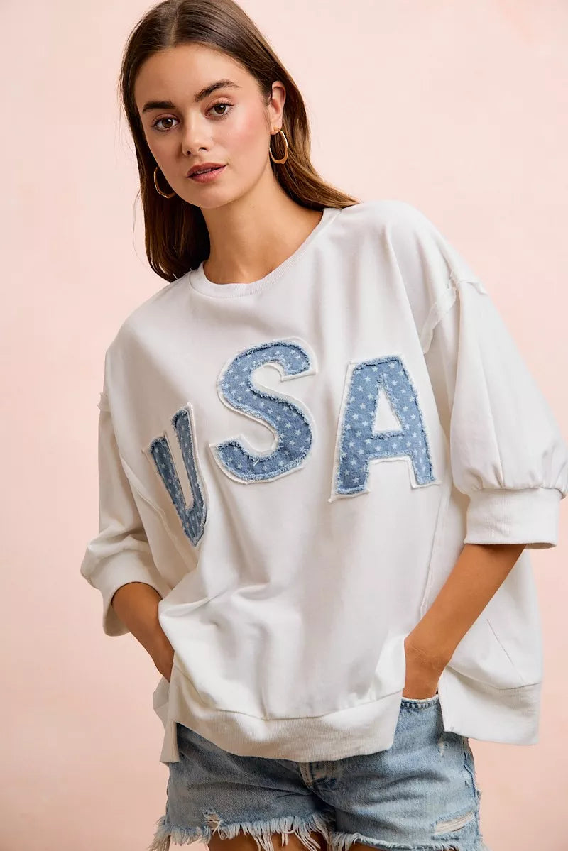 USA Letter Patchwork White French Terry Top Women's | Tigbuls Fashion
