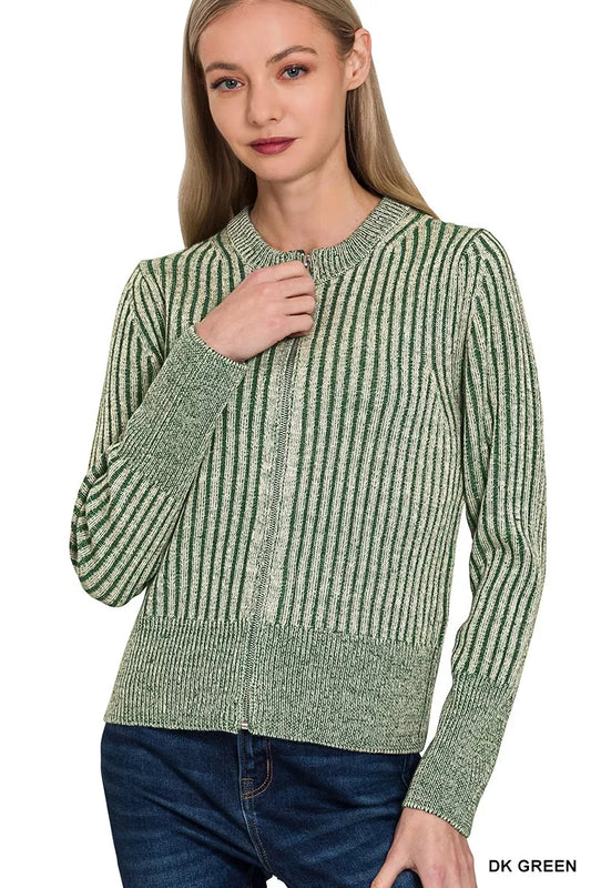 Zenana Ribbed Two Tone Zip Up Sweater Cardigan - Tigbul's Variety Fashion Shop