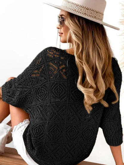 Openwork 3/4 Sleeve Knit Cover Up - Tigbul's Variety Fashion Shop