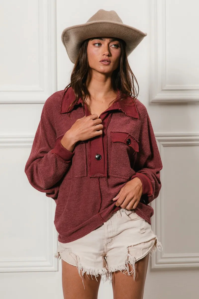 BiBi Cp French Terry Cut Edge Detail Collared Top - Tigbul's Variety Fashion Shop