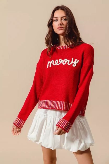 SO ME Merry Lettering Embroidered Christmas Sweater - Tigbul's Variety Fashion Shop