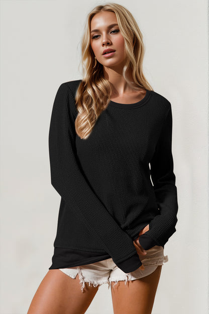 Double Take Corded Rib Thumbhole Cuff Round Neck T-Shirt - Tigbul's Variety Fashion Shop