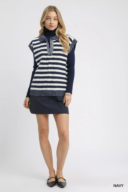 Umgee Cable Knit Collared Striped Vest Sweater - Tigbul's Variety Fashion Shop