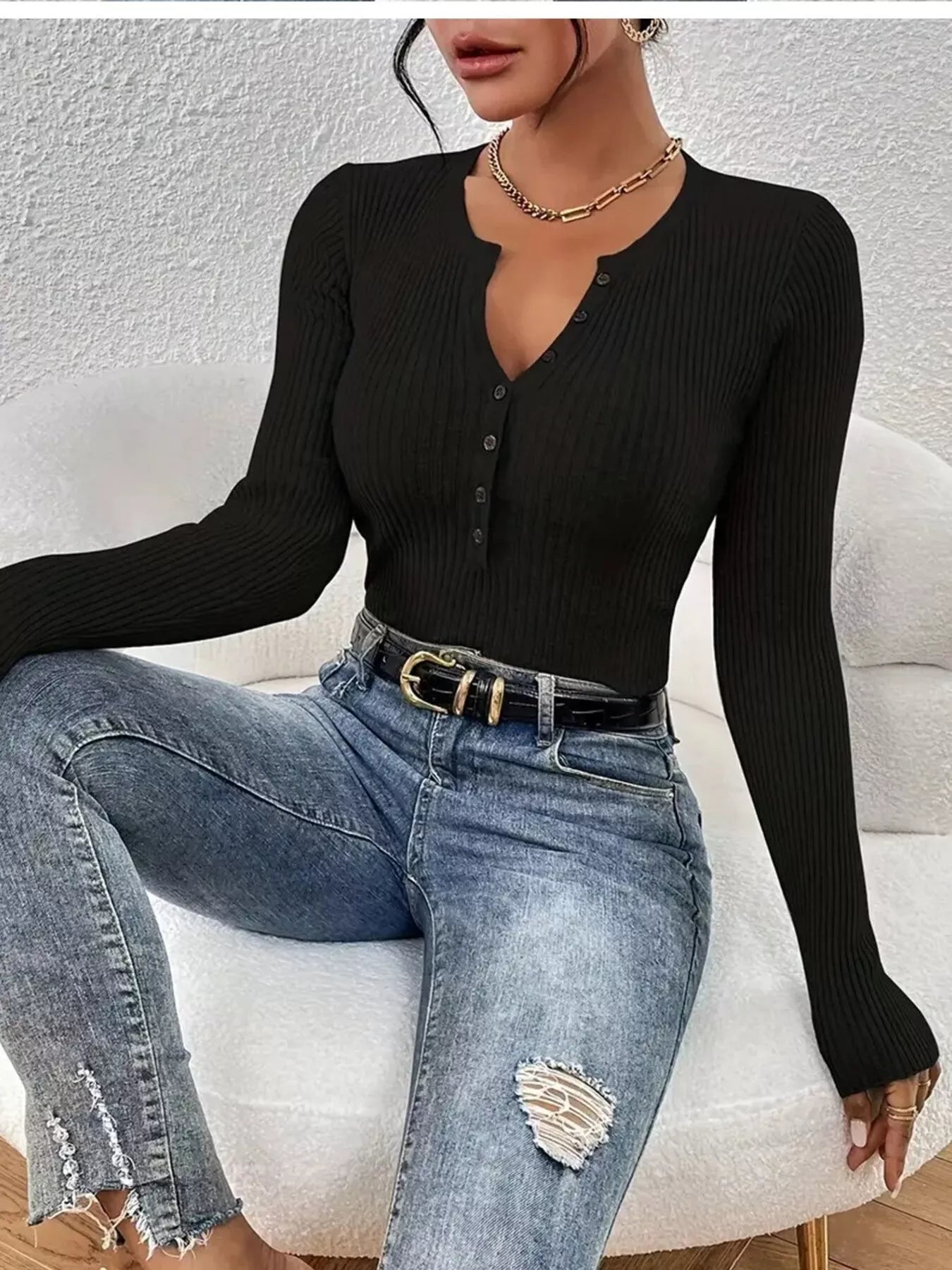 Ribbed Knit Button Front Knit Top - Tigbul's Variety Fashion Shop