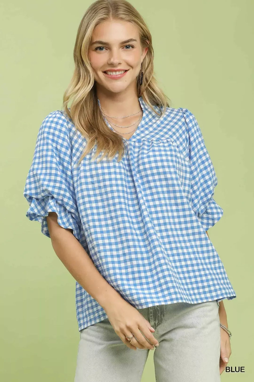 Blue gingham blouse with ruffle sleeves, keyhole neckline and button front