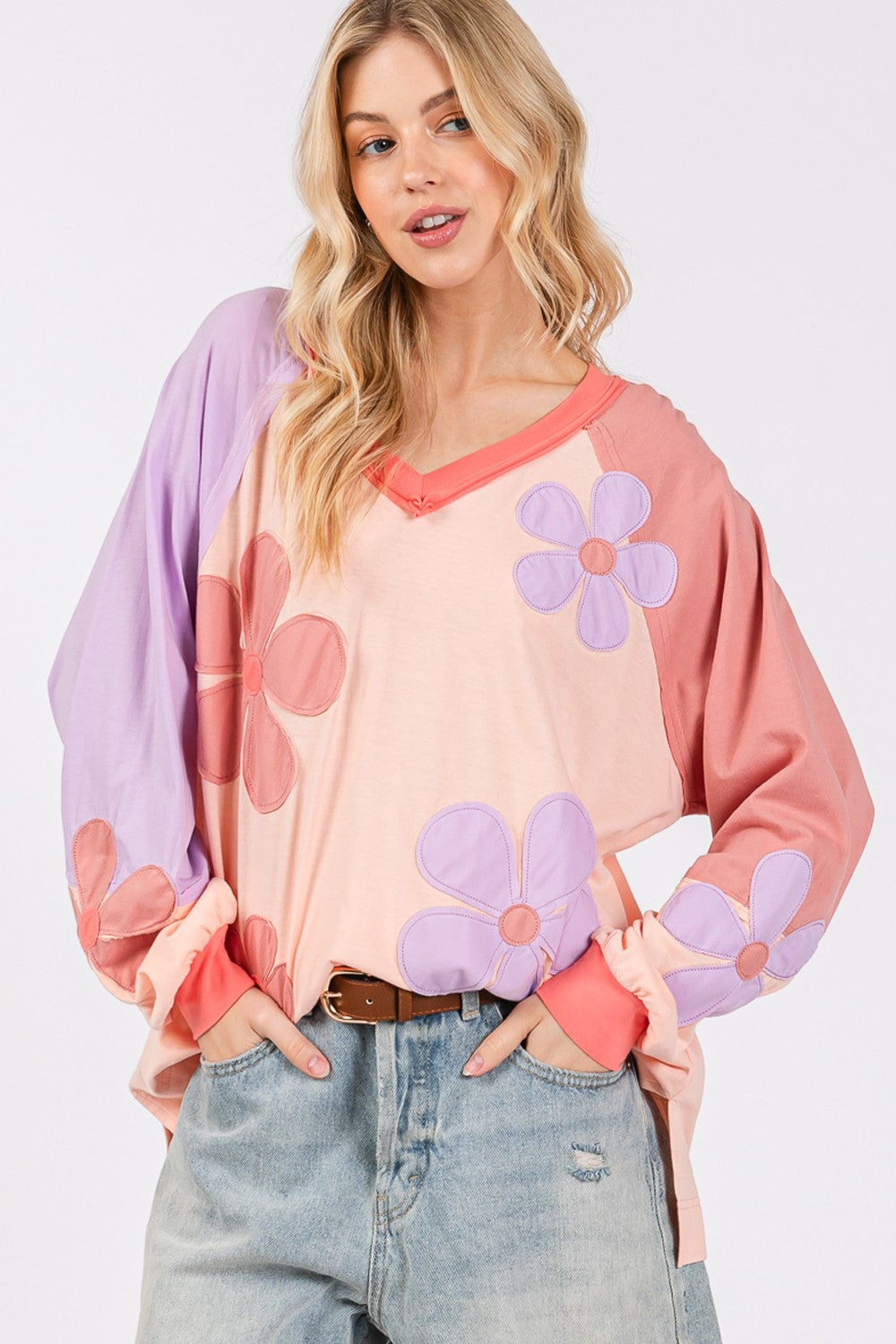 Daisy Applique Patch Color Block Long Sleeve Top - Tigbul's Variety Fashion Shop