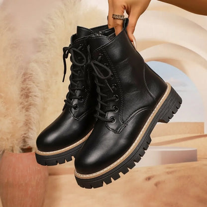 Lace Up Leather Combat Boots with Chunky Sole - Tigbul's Variety Fashion Shop