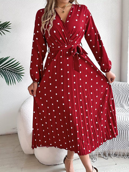 Front Tie Polka Dot Midi Pleated Dress - Tigbul's Variety Fashion Shop