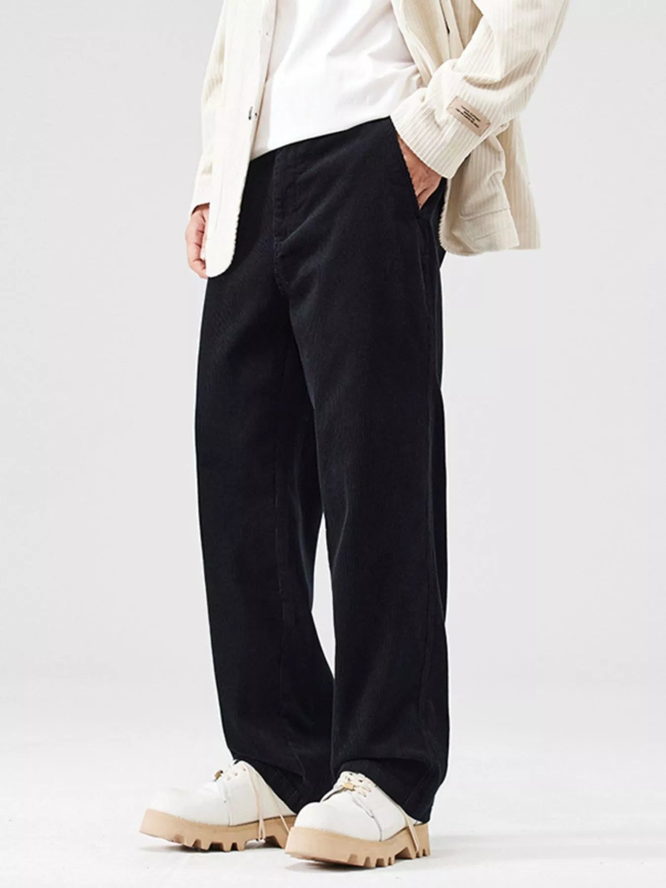 Men's Black Size Medium to Plus, Corduroy Straight-Leg Pants | Tigbuls