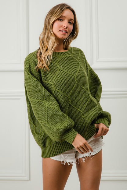 Green Diamond Texture Round Neck Long Sleeve Sweater