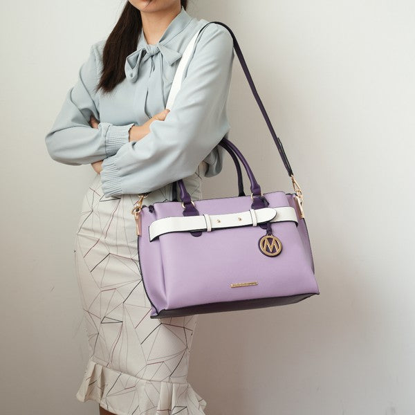 Lavender Jamie satchel bag with white belt strap and gold-tone M charm, one size
