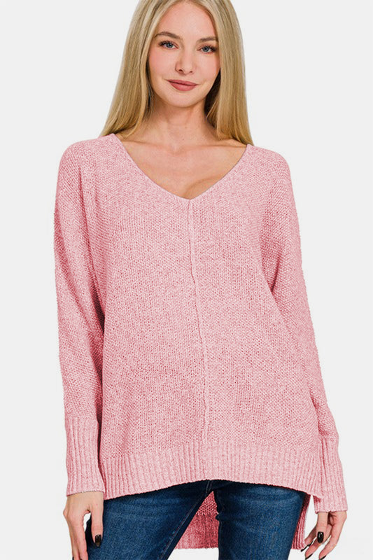 Pink High-Low Center Seam V-Neck Sweater - Tigbul's Variety Fashion Shop