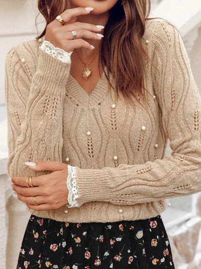 Pearl Beaded Pointelle Knit V Neck Lace Patchwork Sleeve Sweater - Tigbul's Variety Fashion Shop