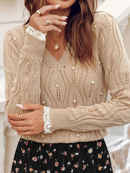 Pearl Beaded Pointelle Knit V Neck Lace Patchwork Sleeve Sweater - Tigbul's Variety Fashion Shop