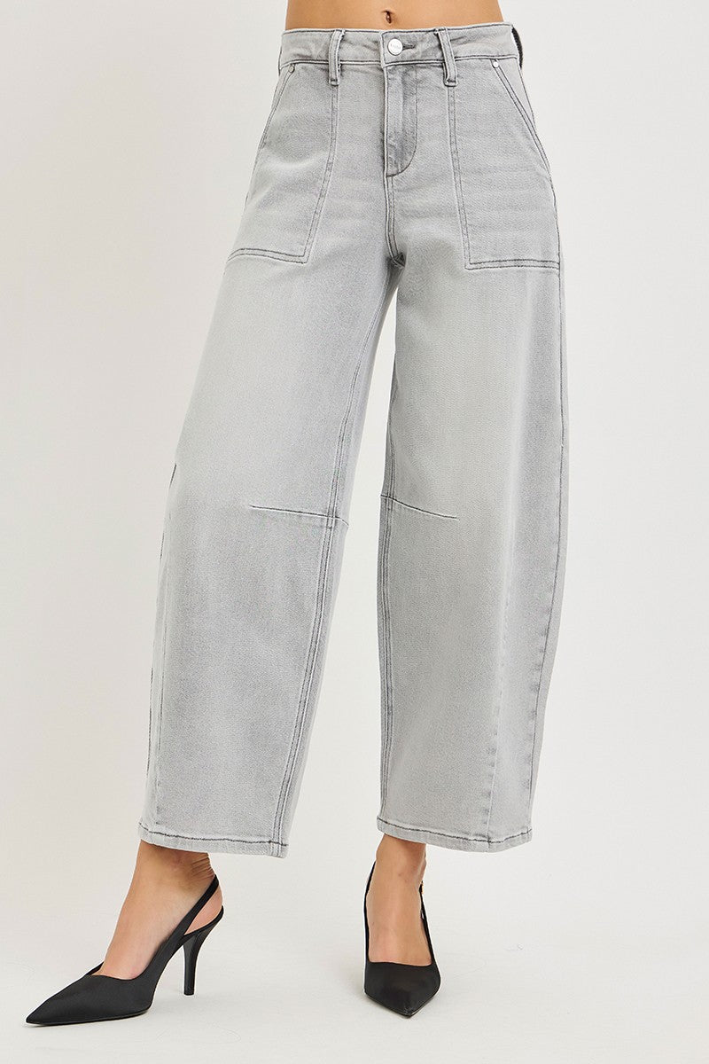 Light grey cropped barrel jeans front view, relaxed wide leg, button fly, patch pockets